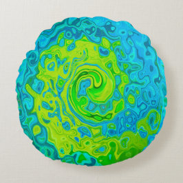 Groovy Chartreuse och Aquamarine Liquid Swirl Rund Kudde
