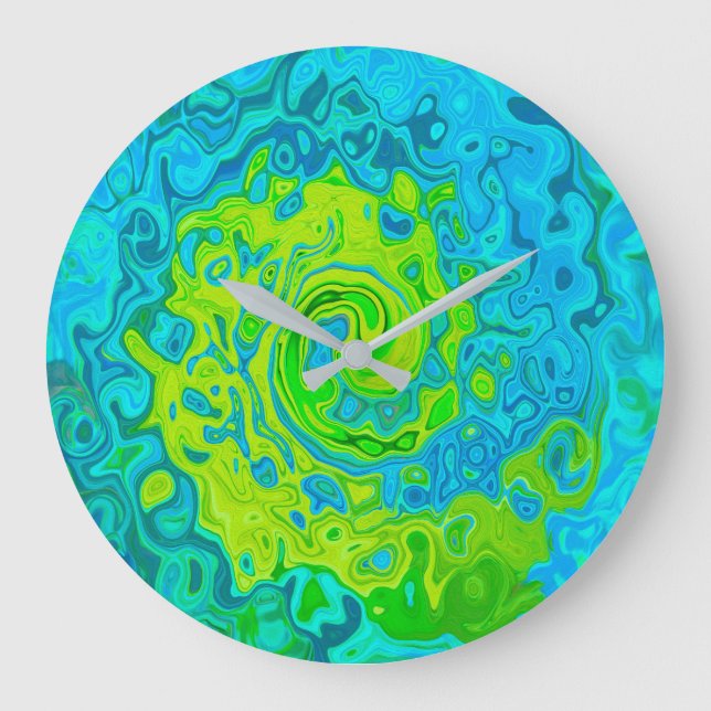 Groovy Chartreuse och Aquamarine Liquid Swirl Stor Klocka (Framsida)