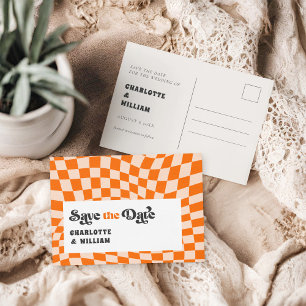 Groovy Checkered Retro Bröllop spara datum Vykort