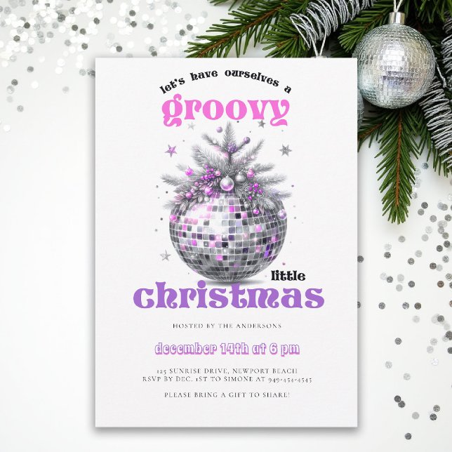 Groovy Christmas Disco Ball Pink Christmas Party Inbjudningar (christmas party invitation corporate business disco ball groovy 70s hot pink black elegant fun)