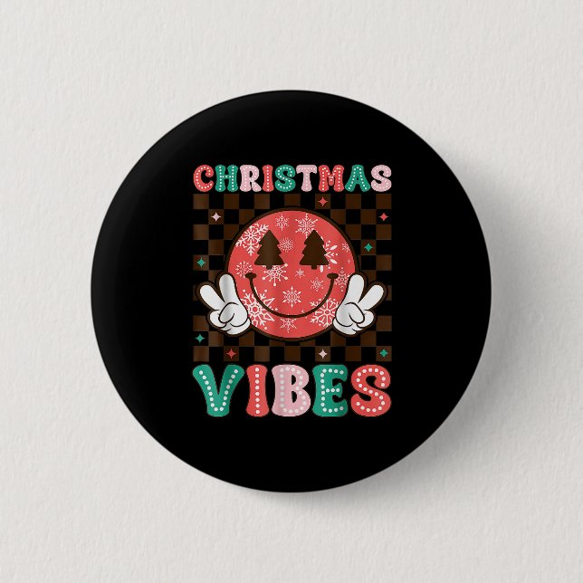 Groovy Christmas Vibes Happy Smile Face Xmas Holid Knapp (Framsida)