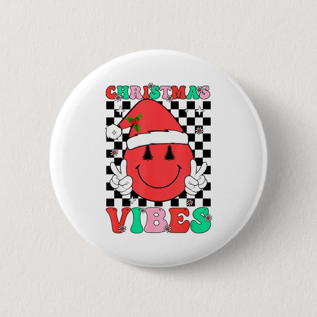Groovy Christmas Vibes Smile Face Santa Hat Xmas T Knapp (Framsida)
