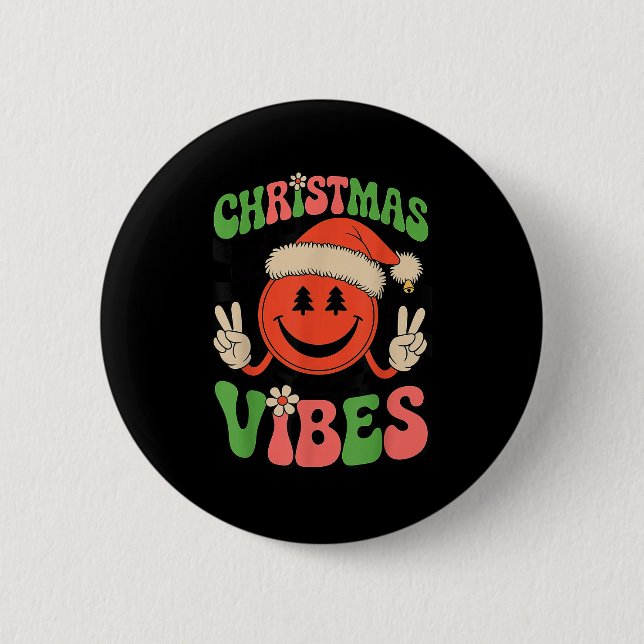 Groovy Christmas Vibes Smile Face Santa Hat Xmas T Knapp (Framsida)