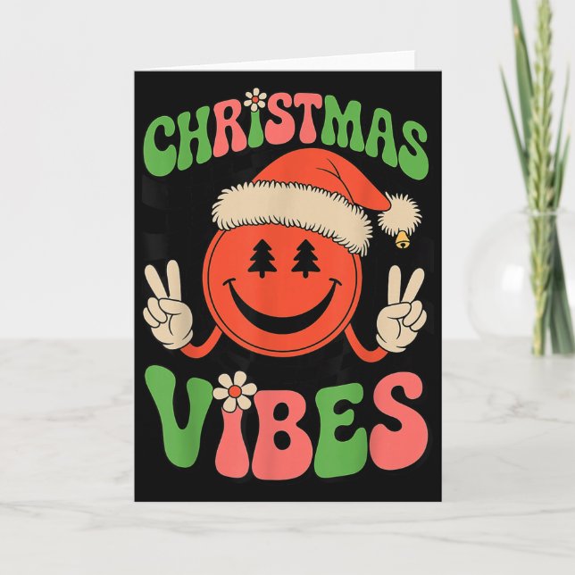 Groovy Christmas Vibes Smile Face Santa Hat Xmas T Kort (Framsida)