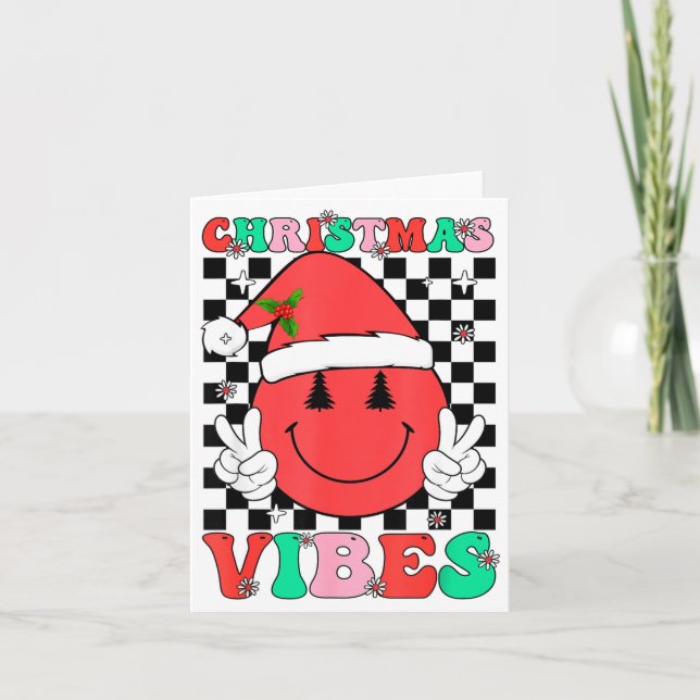 Groovy Christmas Vibes Smile Face Santa Hat Xmas T Kort (Framsida)