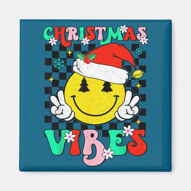 Groovy Christmas Vibes Smile Face Santa Hat Xmas T Magnet (Framsidan)