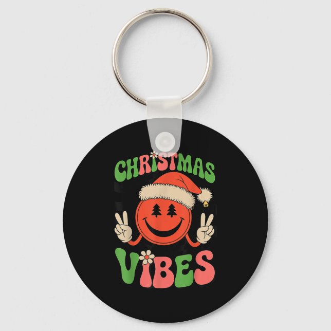 Groovy Christmas Vibes Smile Face Santa Hat Xmas T Nyckelring (Framsida)