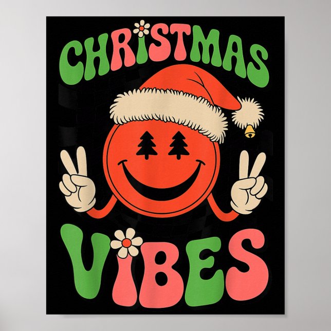 Groovy Christmas Vibes Smile Face Santa Hat Xmas T Poster (Framsidan)