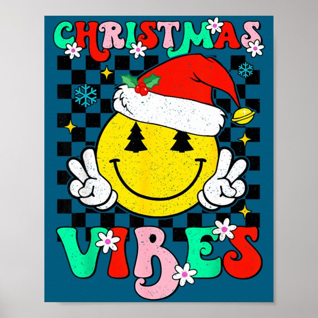Groovy Christmas Vibes Smile Face Santa Hat Xmas T Poster (Framsidan)
