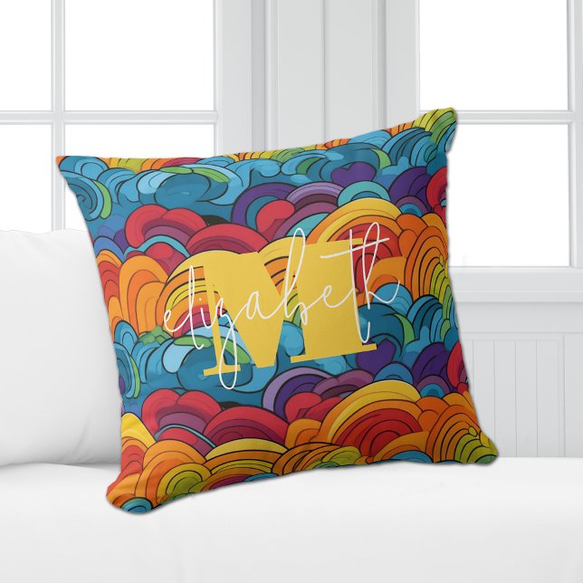 Groovy Colorful Clouds Kudde (Personalized or leave customization blank to remove monogram.)