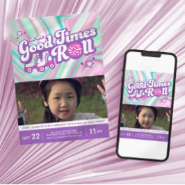 Groovy Colorful Swirls Roller Disco Party Photo Inbjudningar