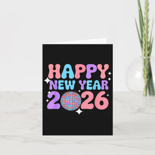 Groovy Cute Happy New Year 2026 Disco Ball  Kort (Framsida)