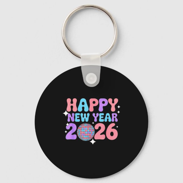 Groovy Cute Happy New Year 2026 Disco Ball  Nyckelring (Framsida)