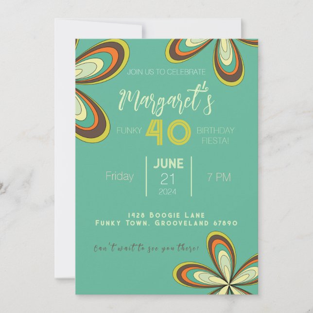 Groovy Cyan 40 Födelsedagsfester 70-tal Hippie Flo Inbjudningar (Framsida)