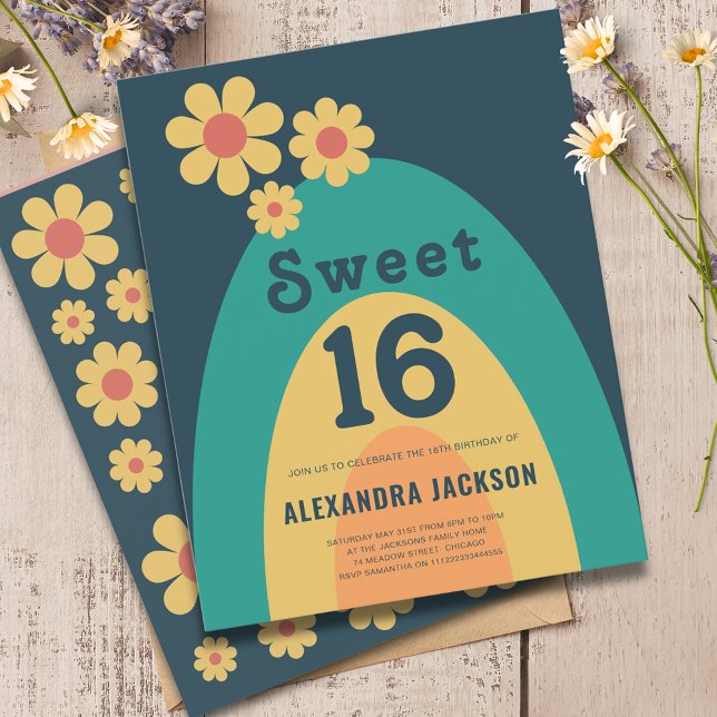 Groovy Daisy Arch 16:e Födelsedagsfesten (Sweet 16 groovy daisy arch 16th birthday party budget invitation )