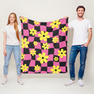 Groovy Daisy Blommigt Checkerboard, Y2K 90s Fleecefilt