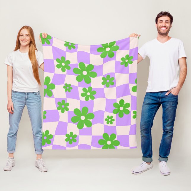 Groovy Daisy Blommigt Checkerboard, Y2K 90s Fleecefilt (På plats)