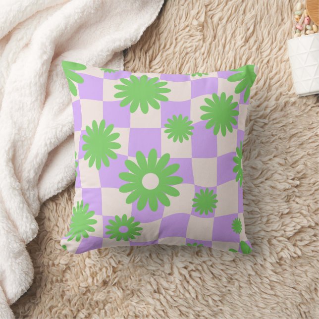 Groovy Daisy Blommigt Checkerboard, Y2K 90s Kudde (Filt)