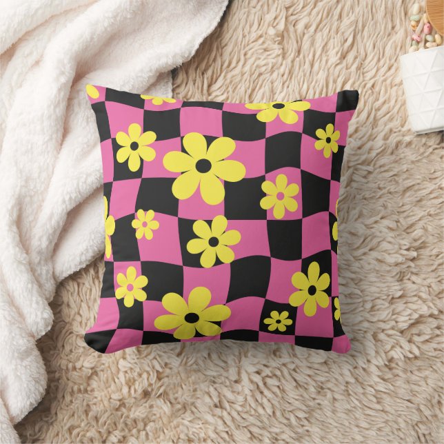 Groovy Daisy Blommigt Checkerboard, Y2K 90s Kudde (Filt)