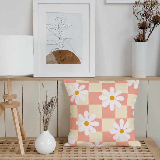 Groovy Daisy Blommigt Checkerboard, Y2K 90s Kudde (Skapare uppladdad)