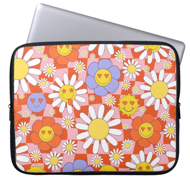 Groovy Daisy Blommigt Checkerboard, Y2K 90s Laptop Fodral (Framsidan)