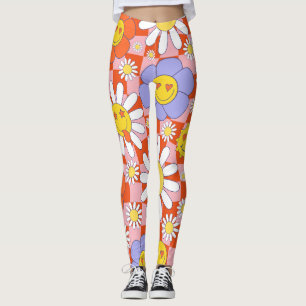 Groovy Daisy Blommigt Checkerboard, Y2K 90s Leggings