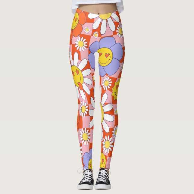 Groovy Daisy Blommigt Checkerboard, Y2K 90s Leggings (Framsida)