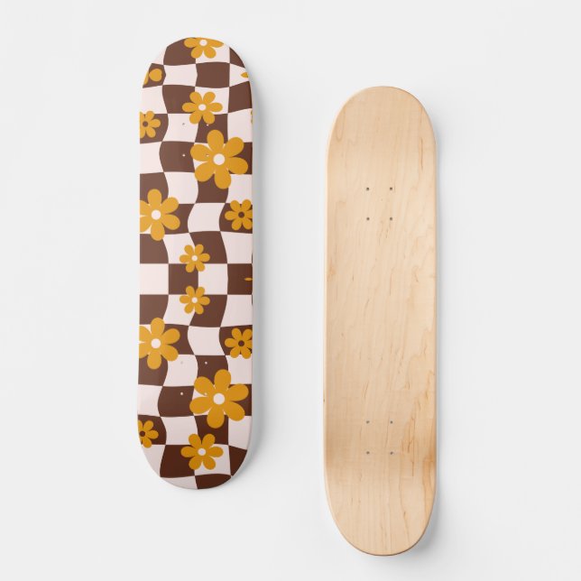 Groovy Daisy Blommigt Checkerboard, Y2K 90s Mini Skateboard Bräda 18,5 Cm (Framsida)