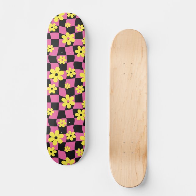 Groovy Daisy Blommigt Checkerboard, Y2K 90s Mini Skateboard Bräda 18,5 Cm (Framsida)