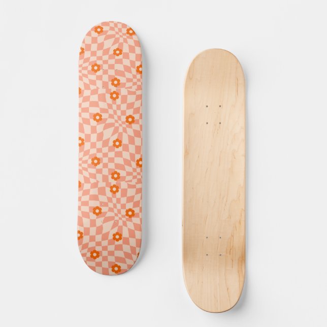 Groovy Daisy Blommigt Checkerboard, Y2K 90s Mini Skateboard Bräda 18,5 Cm (Framsida)