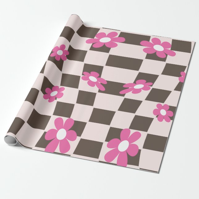 Groovy Daisy Blommigt Checkerboard, Y2K 90s Presentpapper (Utrullad)