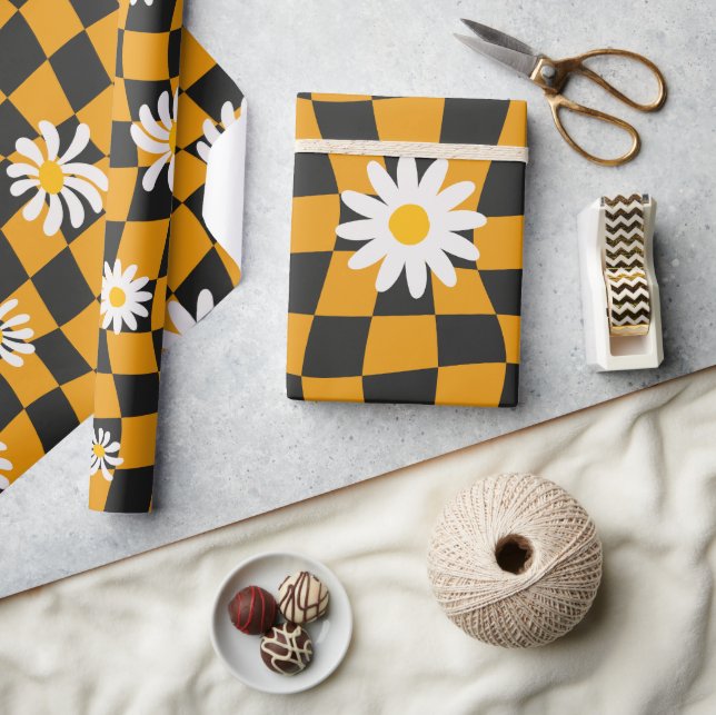 Groovy Daisy Blommigt Checkerboard, Y2K 90s Presentpapper (Hantverk)