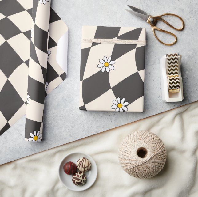 Groovy Daisy Blommigt Checkerboard, Y2K 90s Wrappi Presentpapper (Hantverk)