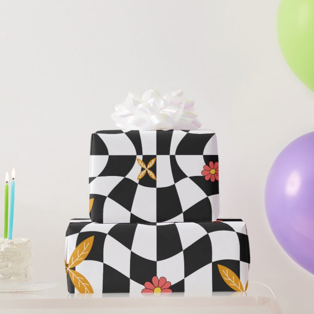 Groovy Daisy Blommigt Checkerboard, Y2K 90s Wrappi Presentpapper (Festgåvor)