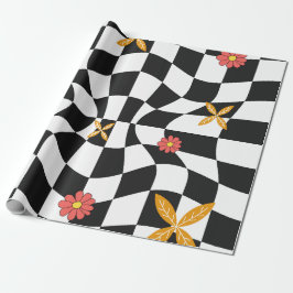 Groovy Daisy Blommigt Checkerboard, Y2K 90s Wrappi Presentpapper