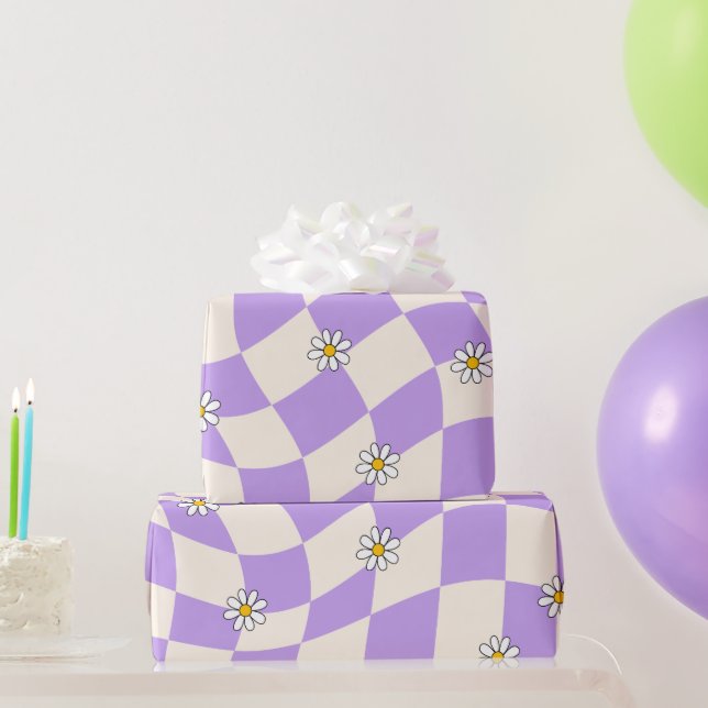 Groovy Daisy Blommigt Checkerboard, Y2K 90s Wrappi Presentpapper (Festgåvor)
