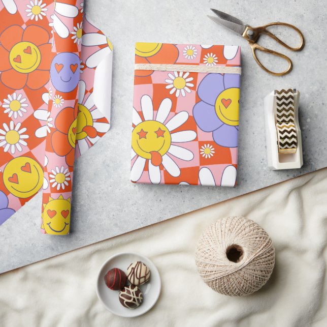 Groovy Daisy Blommigt Checkerboard, Y2K 90s Wrappi Presentpapper (Hantverk)