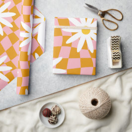 Groovy Daisy Blommigt Checkerboard, Y2K 90s Wrappi Presentpapper