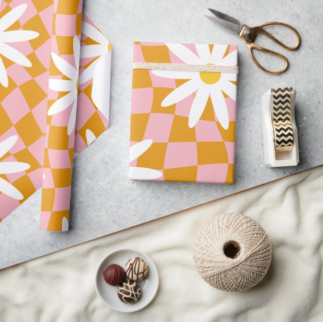 Groovy Daisy Blommigt Checkerboard, Y2K 90s Wrappi Presentpapper (Hantverk)