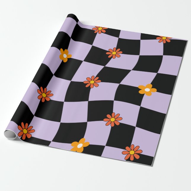 Groovy Daisy Blommigt Checkerboard, Y2K 90s Wrappi Presentpapper (Utrullad)