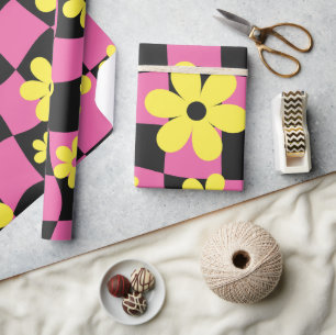 Groovy Daisy Blommigt Checkerboard, Y2K 90s Wrappi Presentpapper