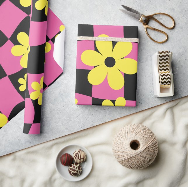 Groovy Daisy Blommigt Checkerboard, Y2K 90s Wrappi Presentpapper (Hantverk)