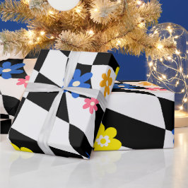 Groovy Daisy Blommigt Checkerboard, Y2K 90s Wrappi Presentpapper