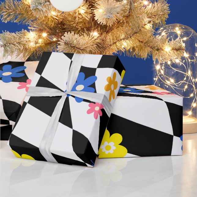 Groovy Daisy Blommigt Checkerboard, Y2K 90s Wrappi Presentpapper (Helgdagar)