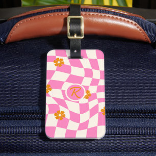Groovy Daisy Blommigt Heart Checkerboard, Y2K 90s Bagagebricka