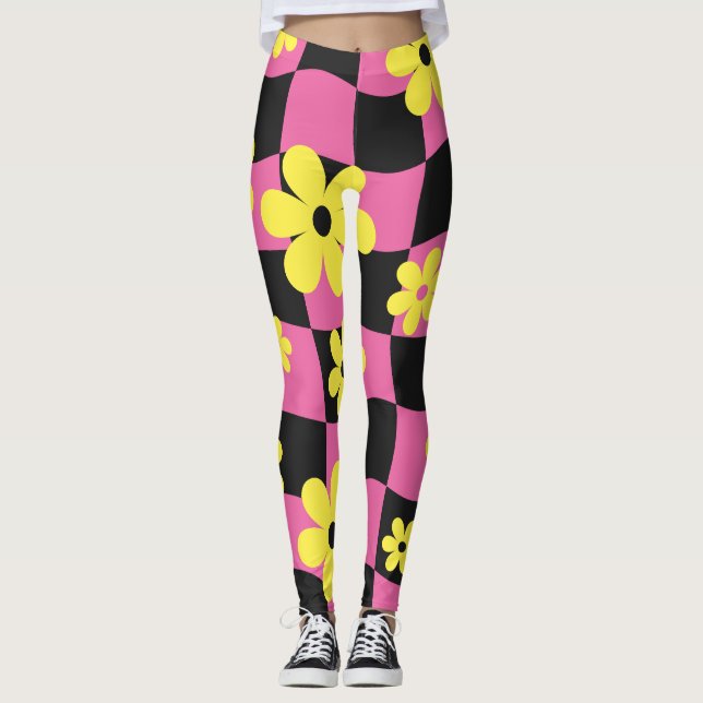 Groovy Daisy Blommigt Heart Checkerboard, Y2K 90s Leggings (Framsida)