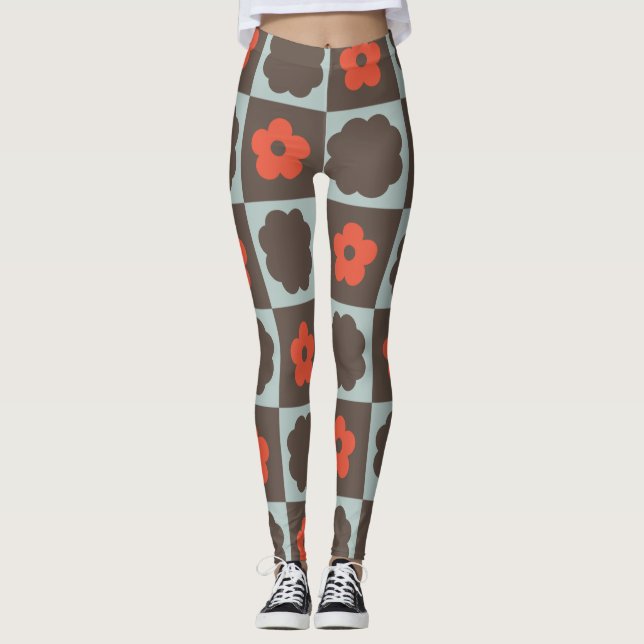 Groovy Daisy Blommigt Heart Checkerboard, Y2K 90s Leggings (Framsida)