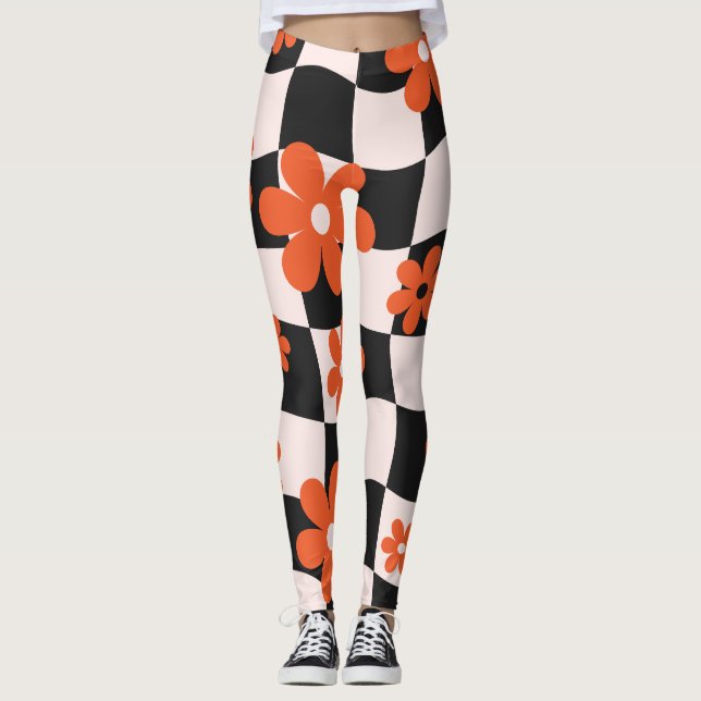 Groovy Daisy Blommigt Heart Checkerboard, Y2K 90s Leggings (Framsida)