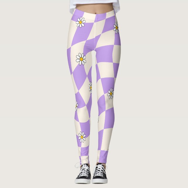 Groovy Daisy Blommigt Heart Checkerboard, Y2K 90s Leggings (Framsida)