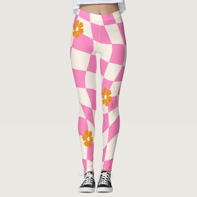 Groovy Daisy Blommigt Heart Checkerboard, Y2K 90s Leggings (Framsida)
